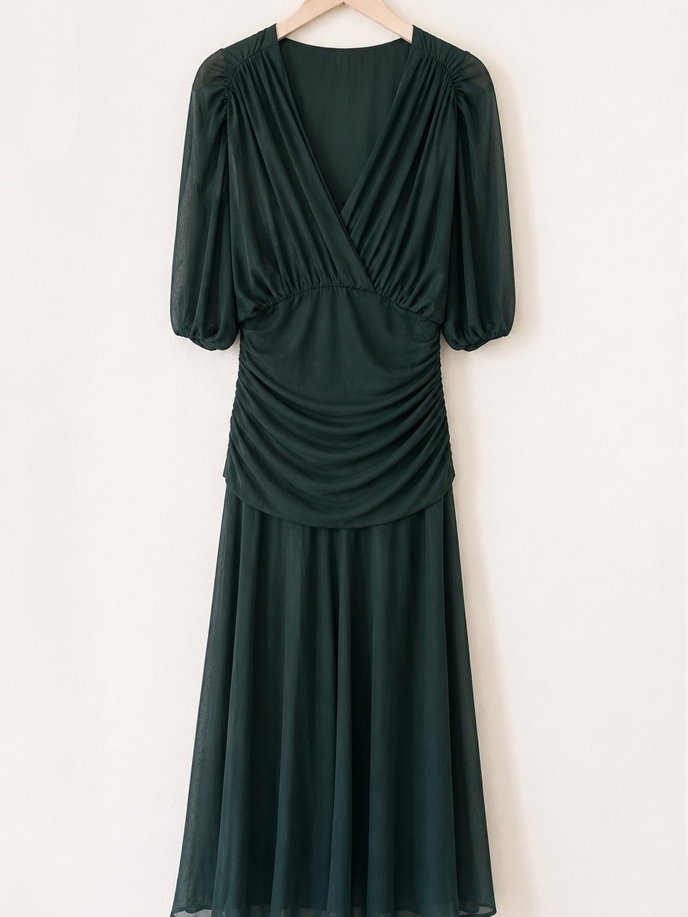 Dark Green V-Neck Ruched Maxi Dress | Cocktail, Wedding Guest, Christmas Party